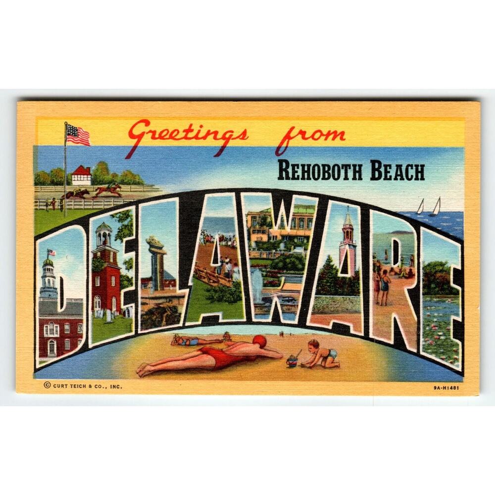 Vintage Greetings from Rehoboth Beach Delaware Postcard Curt Teich Linen 1940's